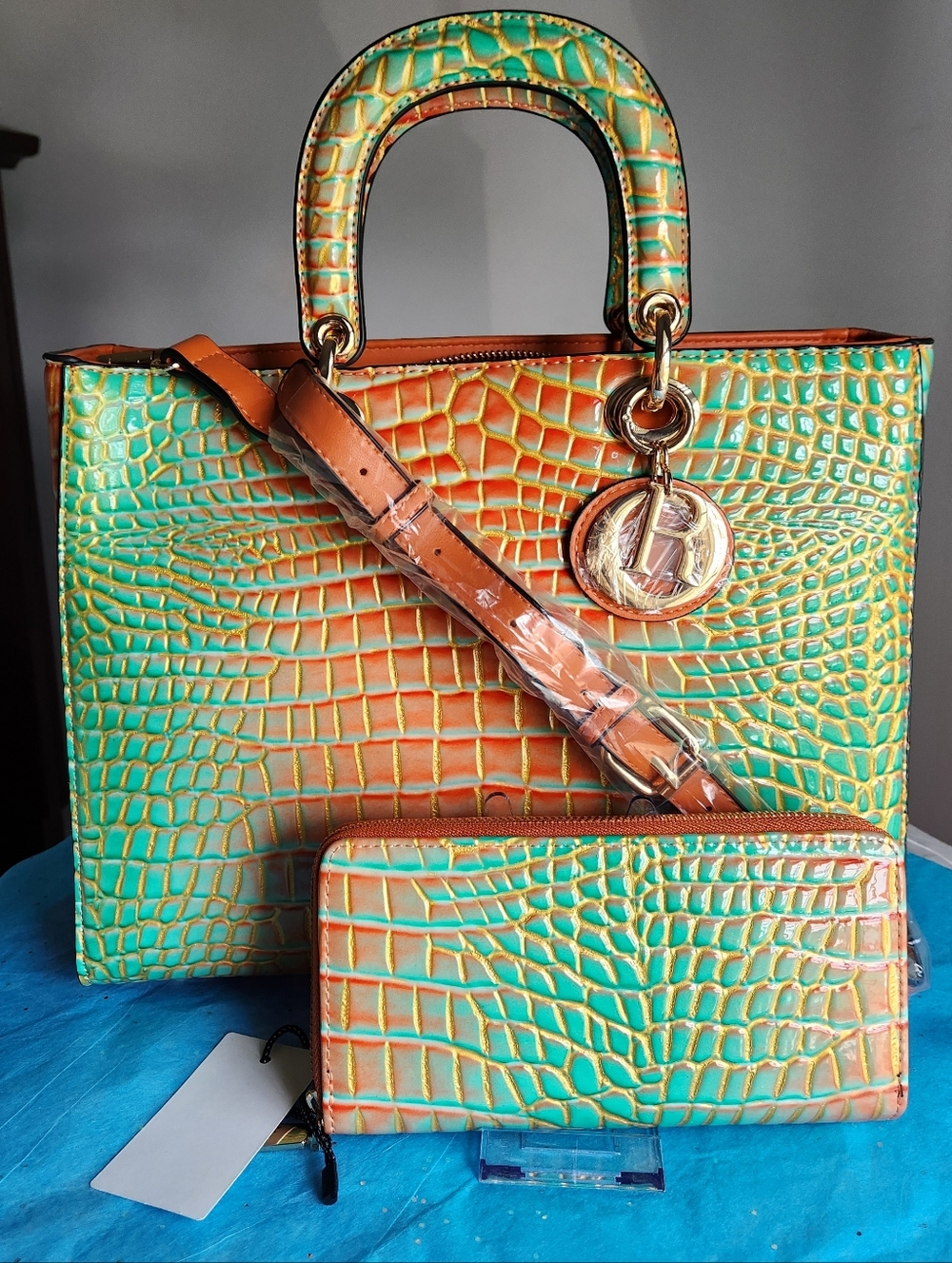 Multi Color Croc Satchel/Wallet  3 pc Set, NWT